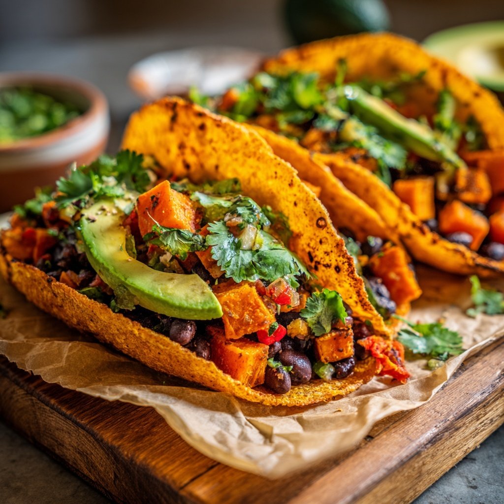 Süßkartoffel und Schwarze Bohnen Tacos