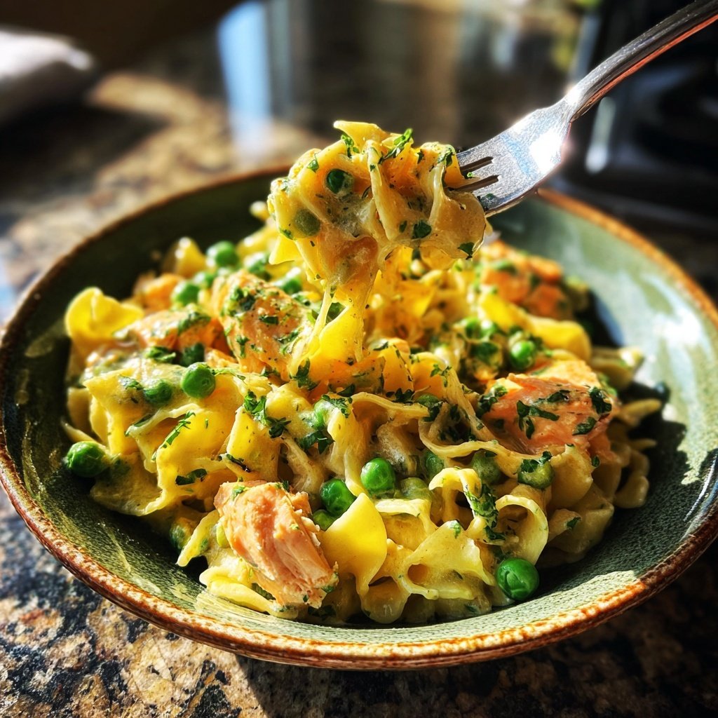 Kurkuma-Lachs-Pasta mit Erbsen