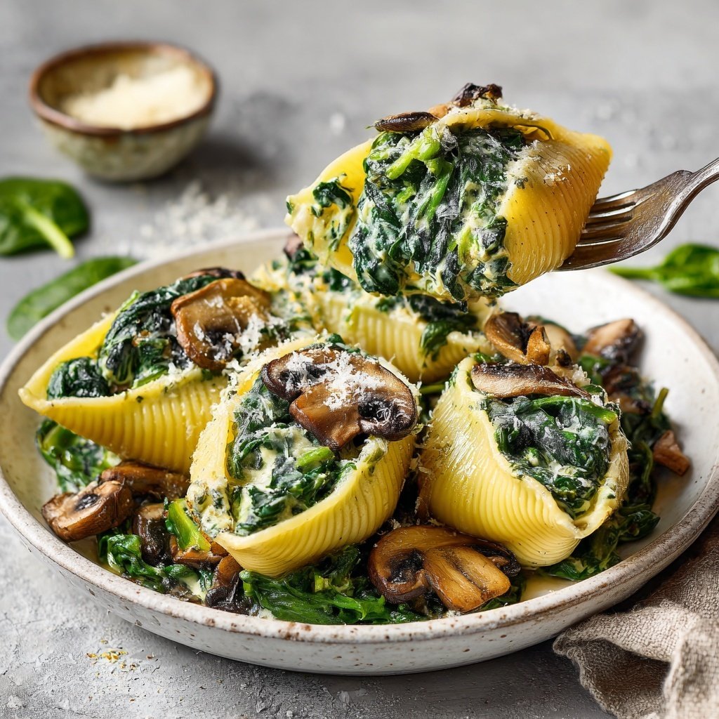 Gefüllte Muschelnudeln mit Spinat und Pilzen