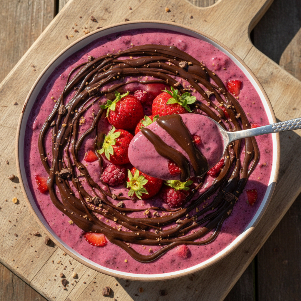 Schokoladenüberzogene Erdbeer Smoothie Bowl