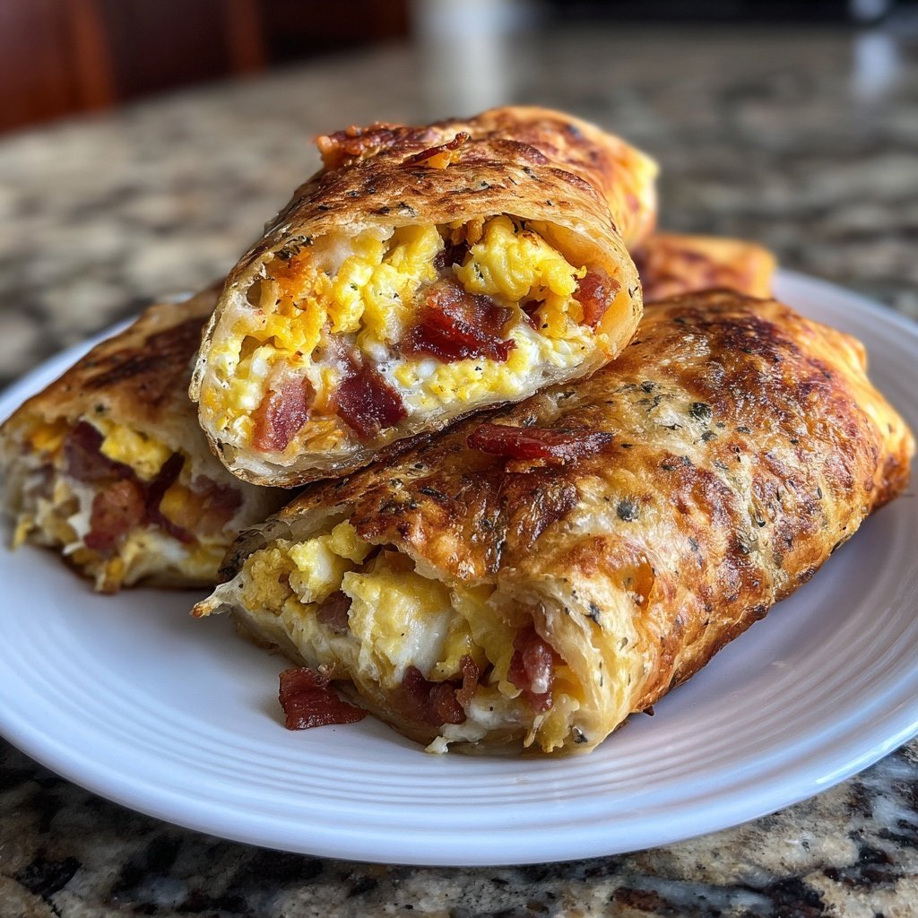 Frühstücksrollen mit Rührei, Käse und Speck