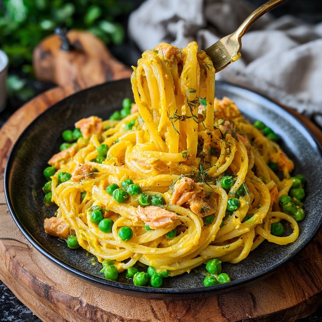 Safranlachs Pasta mit Erbsen